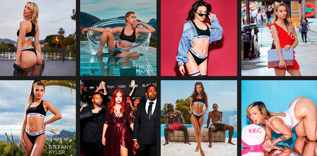 Eight-panel promotional collage for Blacked $1 trial: women wearing Blacked-branded black lingerie strike confident poses in diverse locations—rooftop cityscape, clear pool lounge chair, red studio backdrop, bustling street, palm-lined garden, paparazzi red-carpet scene flanked by suited men, tropical beach with seated male models, and a playful poolside close-up of a thong-clad woman licking a white “BBC” beach ball.