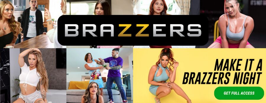 Brazzers $1 trial banner with Brazzers logo, performer collage, and “Make it a Brazzers Night” full-access call to action.