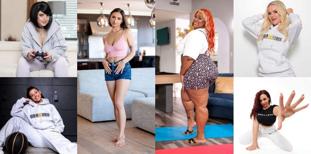 Brazzers actresses in casual and home settings for free trial ad.