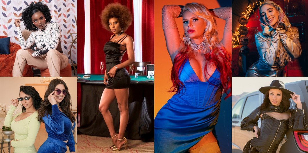 Brazzers stars posing in glamorous outfits for free trial promotion.