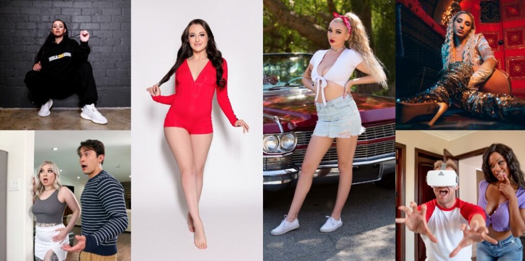 Brazzers free trial banner featuring popular stars in dynamic and fun scenes.