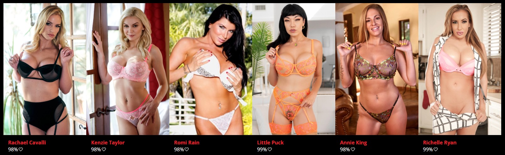 MILFED $1 trial performers Rachael Cavalli, Kenzie Taylor, Romi Rain, Little Puck, Annie King, and Richelle Ryan posing in lingerie for premium big ass MILF porn scenes.