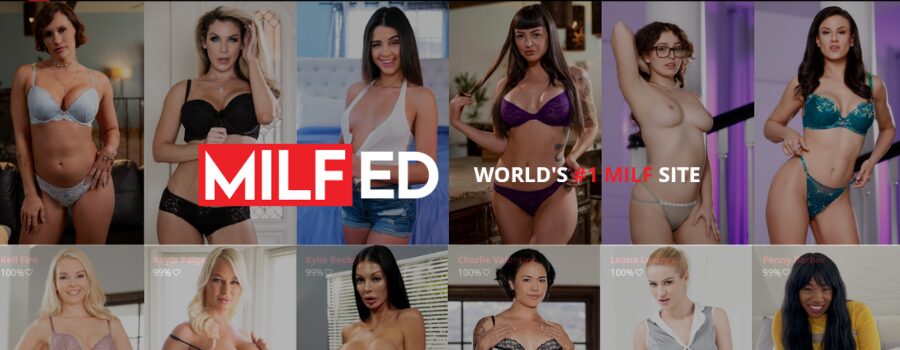 MILFED $1 trial promotional banner showing top MILF porn stars in lingerie with the MILFED logo and tagline “World’s #1 MILF Site,” promoting 2-day premium access for just $1.