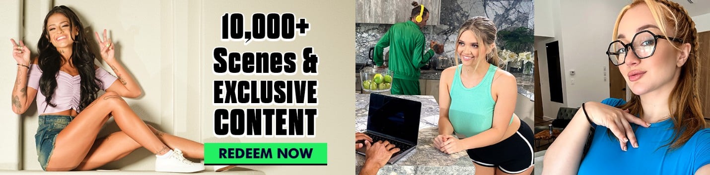 Smiling brunette in crop top promoting Reality Kings 2 day trial access with exclusive content banner