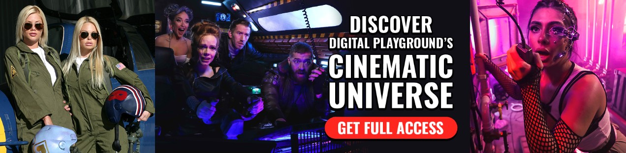 Banner reading “Discover Digital Playground’s Cinematic Universe – Get Full Access” flanked by images of two female pilots, a tense spaceship crew, and a cyber‑punk heroine—highlighting the Digital Playground $1 trial.
