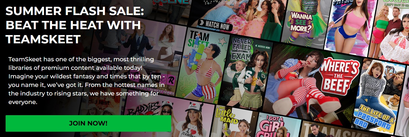 TeamSkeet Summer Flash Sale banner with collage of exclusive porn series, promoting the $1 trial and 2-day trial offer.