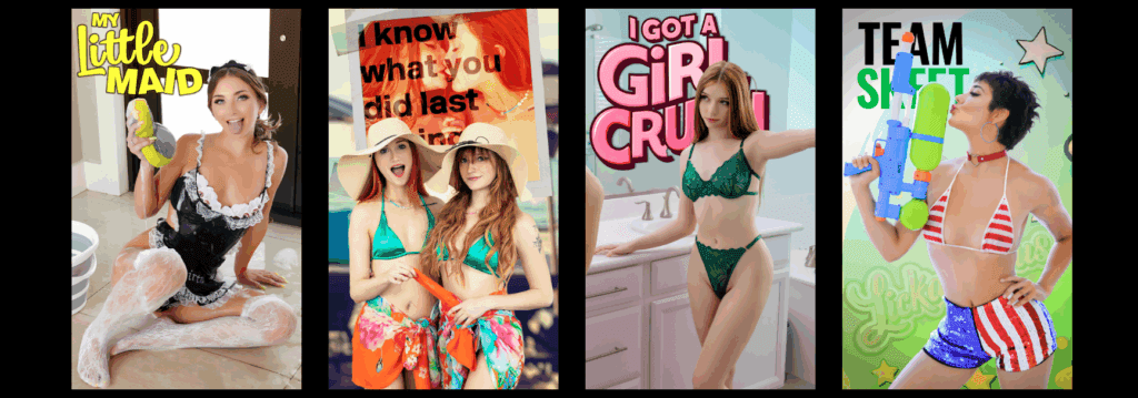 Collage of TeamSkeet series teasers featuring My Little Maid, I Know What You Did Last Summer, I Got a Girl Crush, and Team Skeet