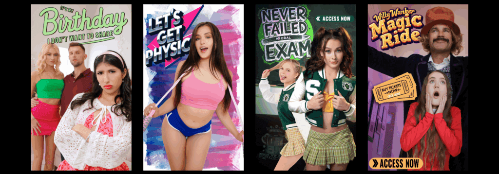 Collage of TeamSkeet series teasers including It's My Birthday, I Don’t Want to Share, Let’s Get Physic, Never Failed My Oral Exam, and Will Wanker Magic Ride
