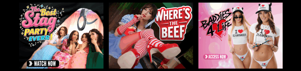Collage of TeamSkeet series teasers featuring The Best Stag Party Ever, Where’s the Beef, and Baddies 4 Life