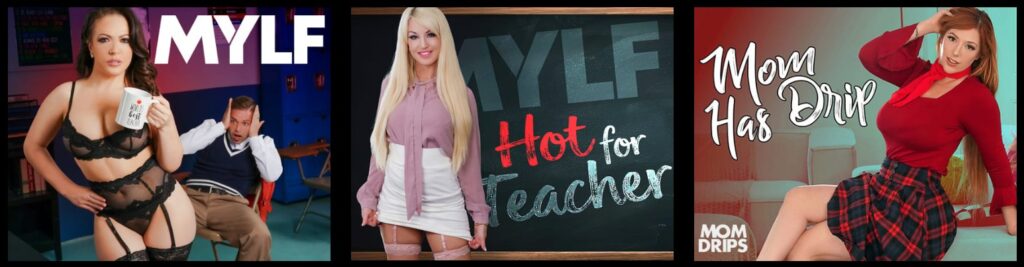 MYLF $1 trial promo collage featuring Hot for Teacher classroom fantasy and Mom Has Drip MILF site