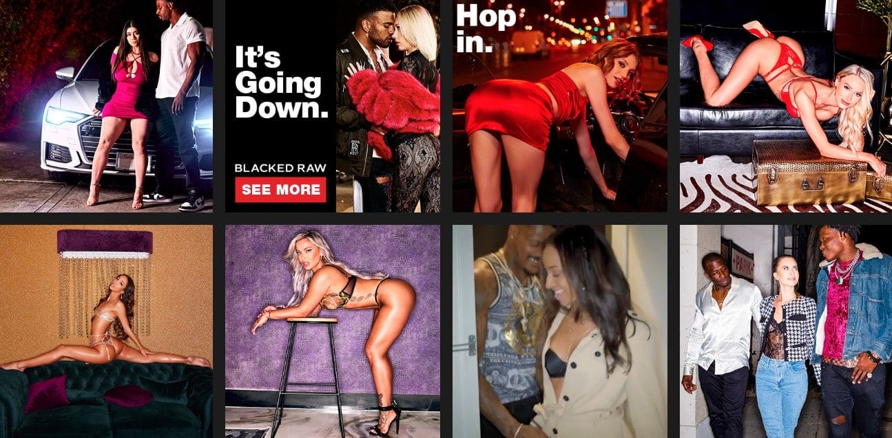 Blacked Raw $1 trial image montage showcasing diverse interracial scenes featuring glamorous women and muscular Black male performers in stylish and provocative settings.