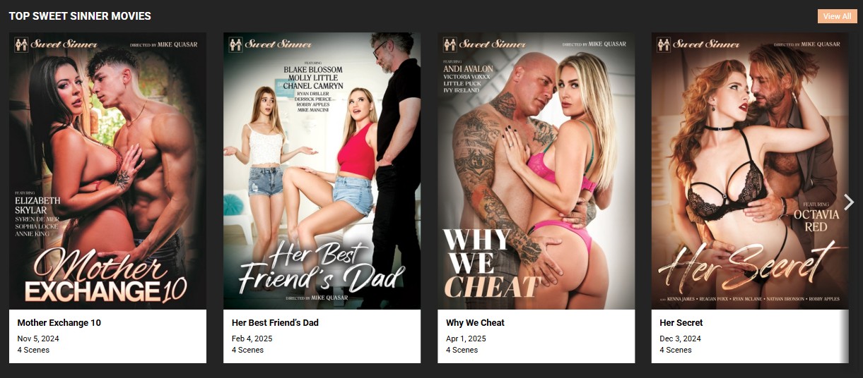 Collage of Sweet Sinner $1 trial movie covers featuring Mother Exchange 10, Her Best Friend’s Dad, Why We Cheat, and Her Secret – premium 4K erotic films.
