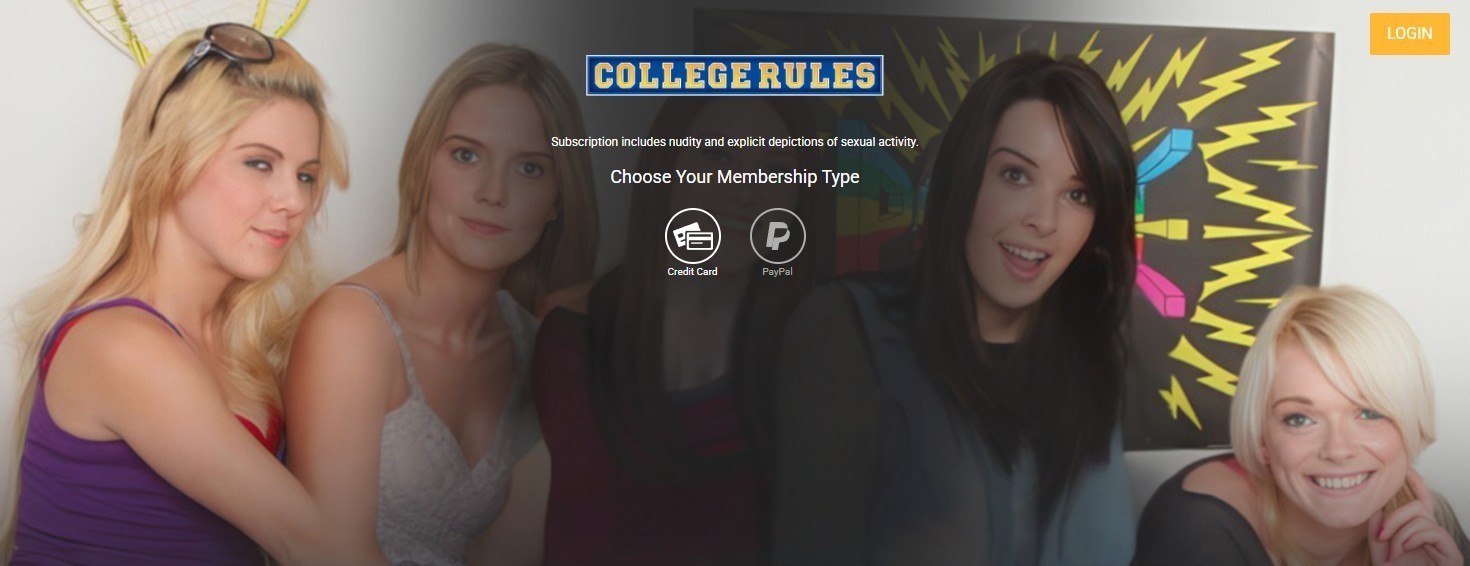 Hero banner of College Rules $1 trial adult site showing four female models under a dark overlay, ‘Choose Your Membership Type’ text with credit card and PayPal icons, and a Login button in the top right