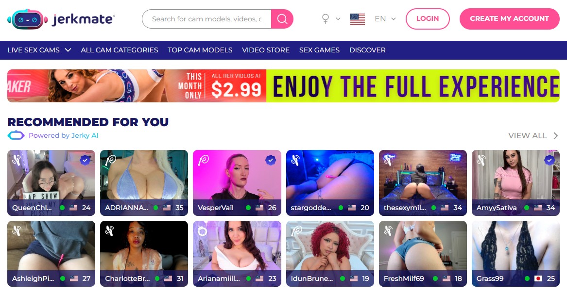 Jerkmate homepage showing recommended cam models and a $2.99 promo banner, highlighting Jerky AI-powered suggestions during the Jerkmate free trial.