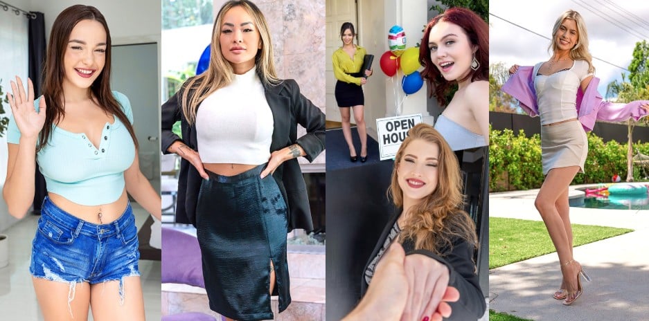 Six sexy female realtors in mini skirts and business attire, featured in House Humpers’  trial real estate porn content.