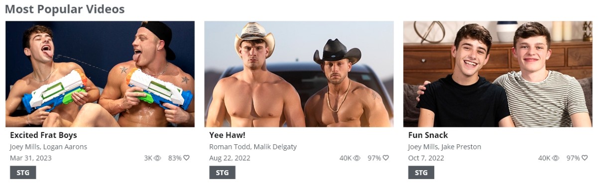 Screenshot of MEN.com’s most popular gay porn videos, including Excited Frat Boys with Joey Mills, Yee Haw! with Malik Delgaty, and Fun Snack with Jake Preston – available with the MEN.com $1 trial.