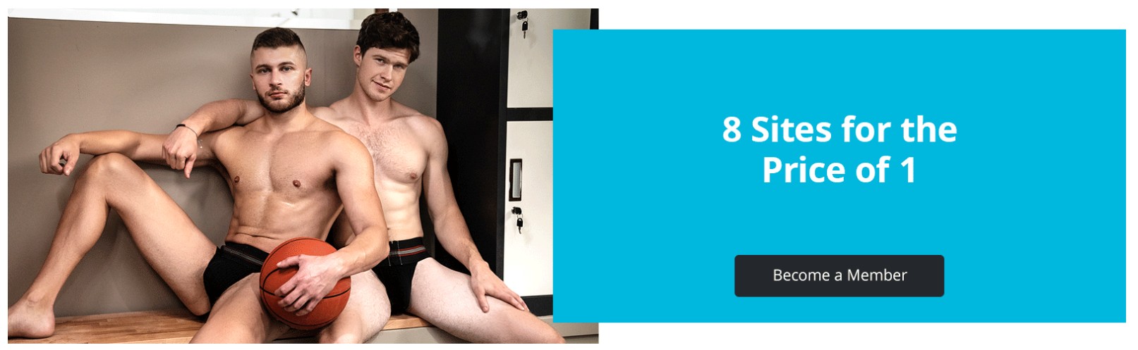 MEN.com promotion showing shirtless gay models in a locker room with banner text “8 Sites for the Price of 1” – included with MEN.com $1 trial membership.