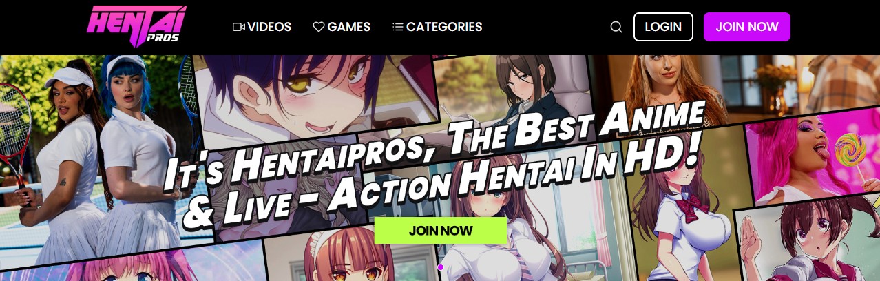 Hentai Pros homepage showing HD hentai and anime banner promoting $1 trial access — a top nHentai alternative site in 2025.