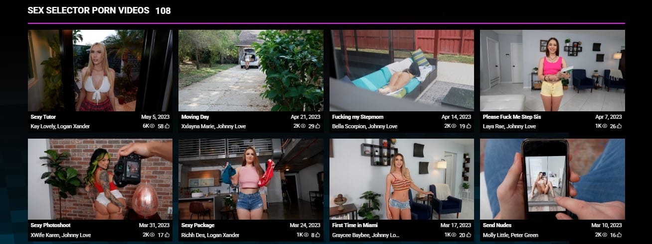 Screenshot of Sex Selector 7 day trial $1 video library showing 108 interactive porn videos with multiple scenarios and high-quality adult performers.