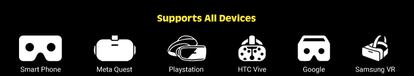“Supports All Devices” icons showing VirtualPorn.com compatibility: smartphone, Meta Quest, PlayStation, HTC Vive, Google Cardboard, and Samsung VR for the Virtual Porn $1 Trial.