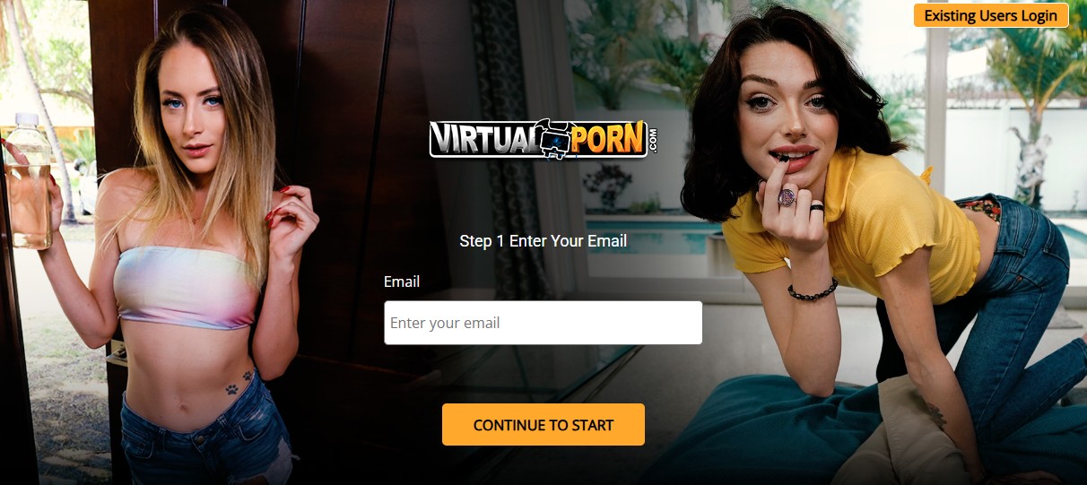 VirtualPorn.com signup page with email field and logo for the Virtual Porn $1 Trial (2 days); two models on the landing screen.