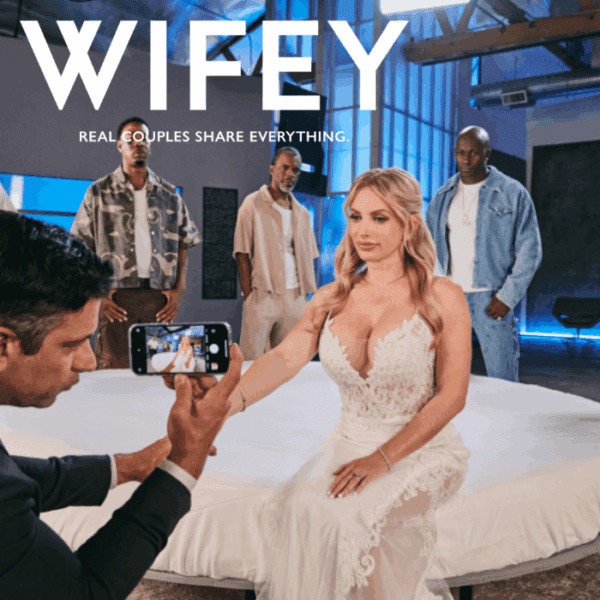 Wifey.com logo overlaid on a hotwife scene with real-life couple