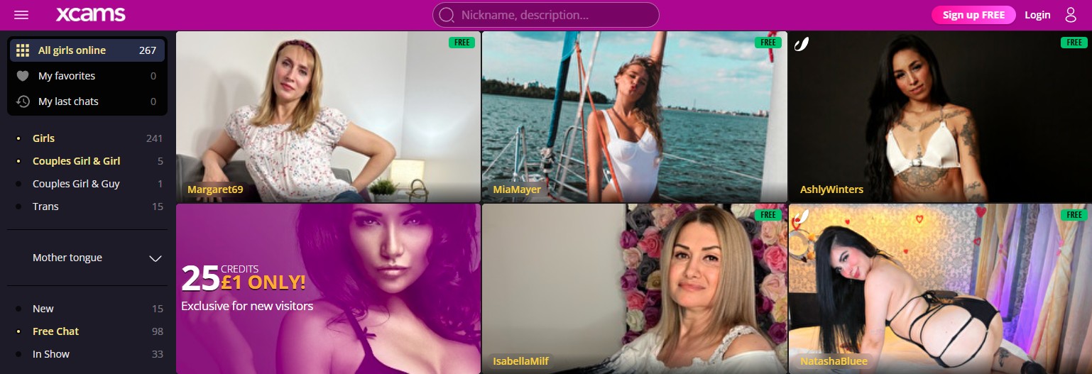 Screenshot of XCAMS homepage showing live webcam models, user-friendly navigation menu, and promotional banner offering 25 credits for just £1 for new visitors.