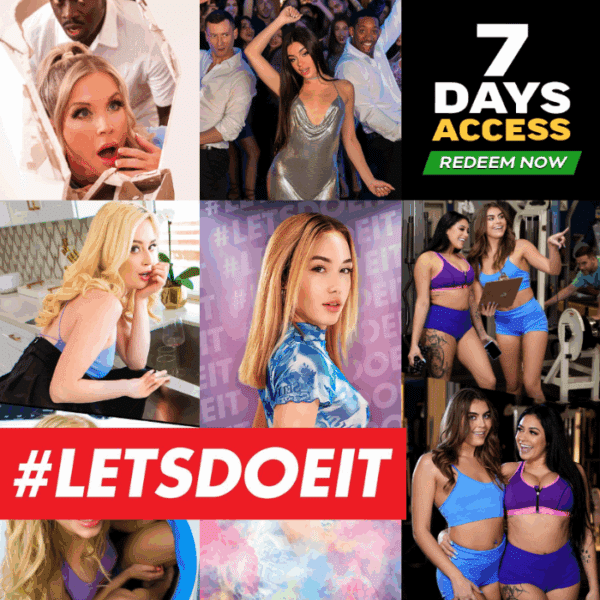 Collage of party and lifestyle adult clips with “7 Days Access” banner promoting the LetsDoeIt $1 trial