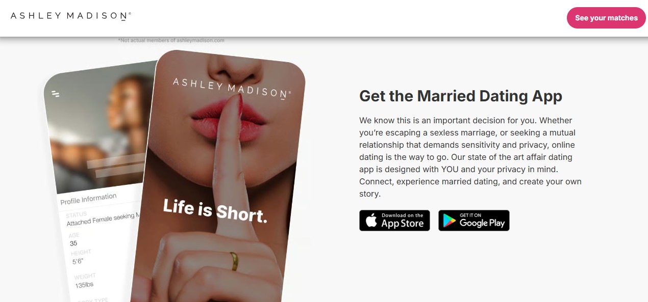Ashley Madison review image showing the married dating app promotion with tagline “Life is Short,” highlighting privacy, Ashley Madison cost, and whether Ashley Madison is legit.