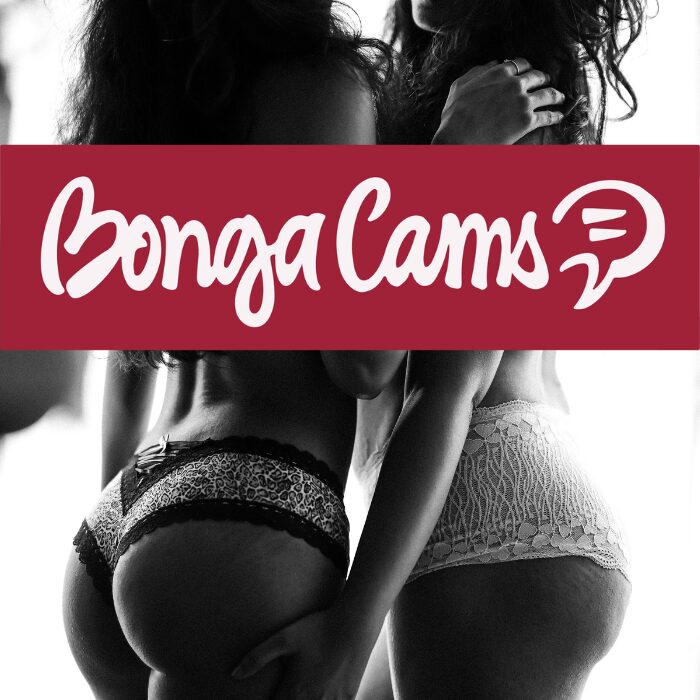 Two women in lingerie standing together, overlaid with the BongaCams logo – promoting live cam girls, private shows, and free tokens.