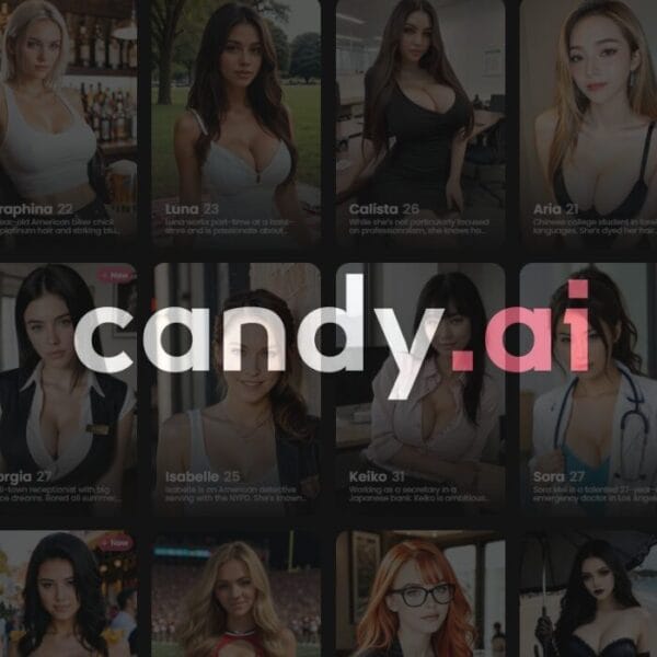 Candy AI logo overlaying a collage of AI girlfriend characters, promoting candy ai free trial and promo code offers.