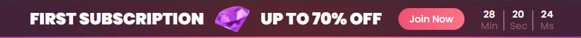 Candy AI first subscription discount banner showing up to 70% off promo code offer with countdown timer.