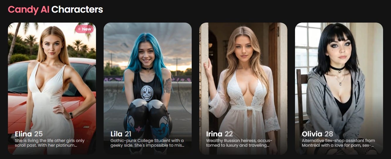 Candy AI characters Elina, Lila, Irina, and Olivia showcasing customization options available with Candy AI free trial and promo code.
