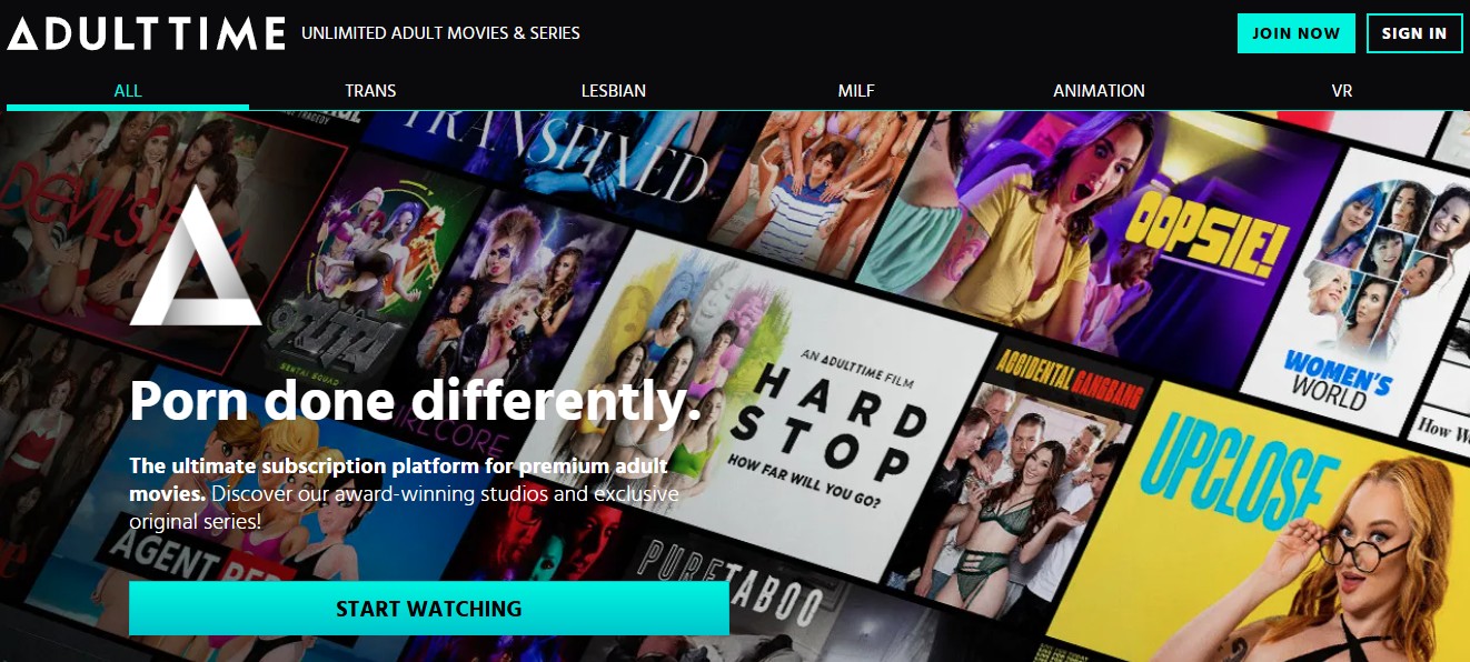 Screenshot of Adult Time homepage highlighting premium porn series and channels available with the Adult Time $1 trial.