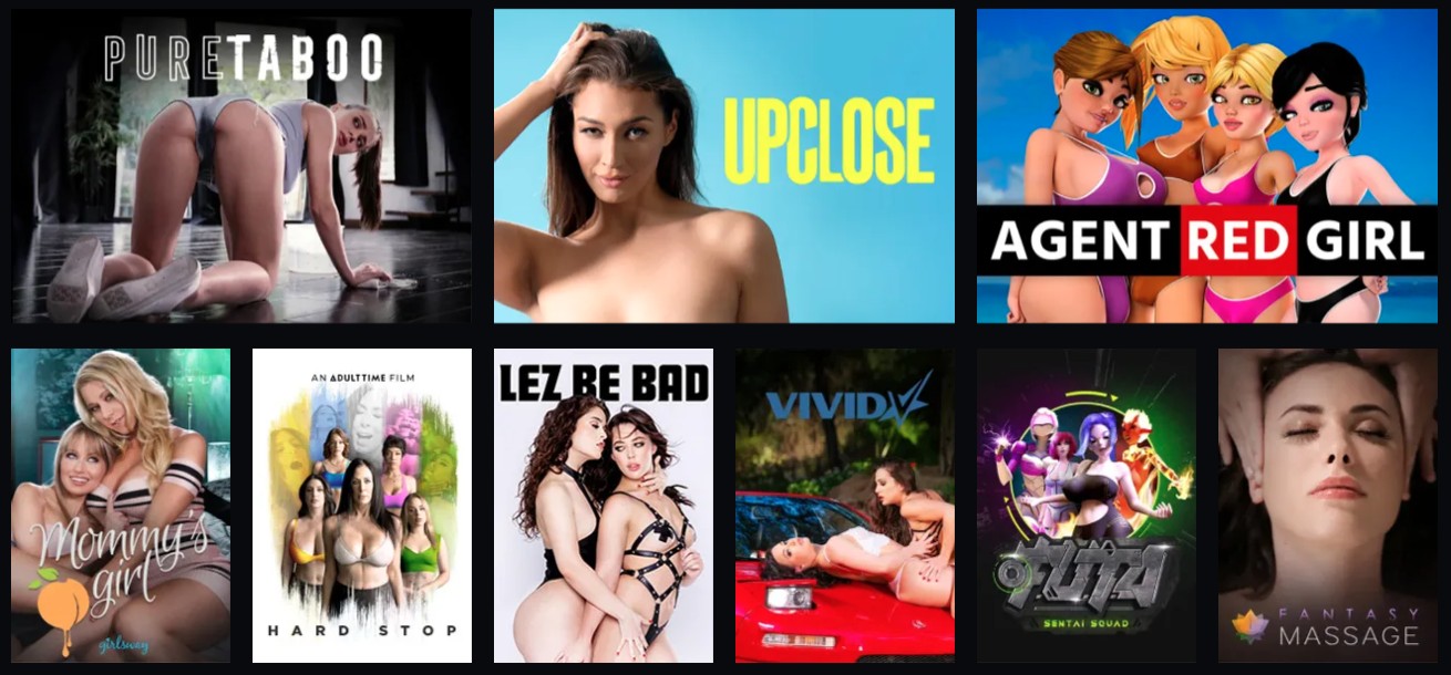 Collage of Adult Time exclusive channels including Pure Taboo and Upclose, available with the Adult Time 3 day trial.