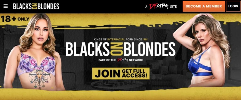 Blacks on Blondes $3 trial homepage banner showing blonde pornstars promoting 3 day trial access to the interracial site.