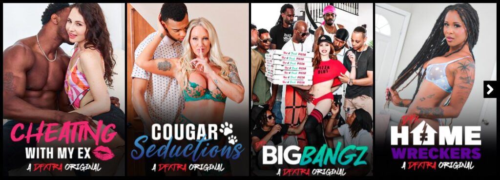 Blacks on Blondes $3 trial bonus showing Dogfart Originals including Cheating With My Ex, Cougar Seductions, BigBangz, and Home Wreckers.