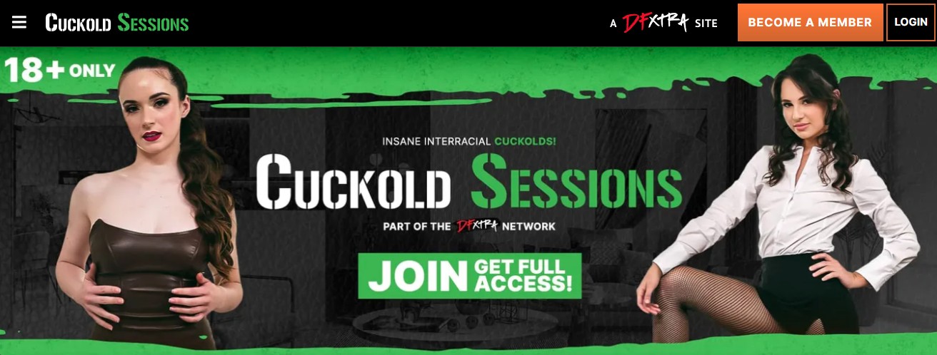 Homepage banner for Cuckold Sessions $3 trial featuring two hotwives promoting the Dogfart Network’s exclusive interracial cuckold site.