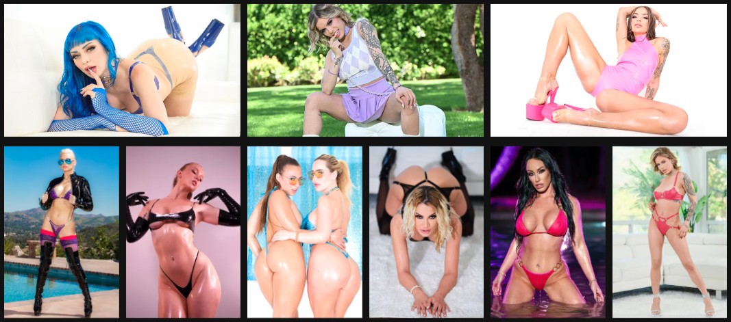 Evil Angel pornstars from the $2.95 trial promo showcasing fetish, latex, lesbian, and hardcore categories.