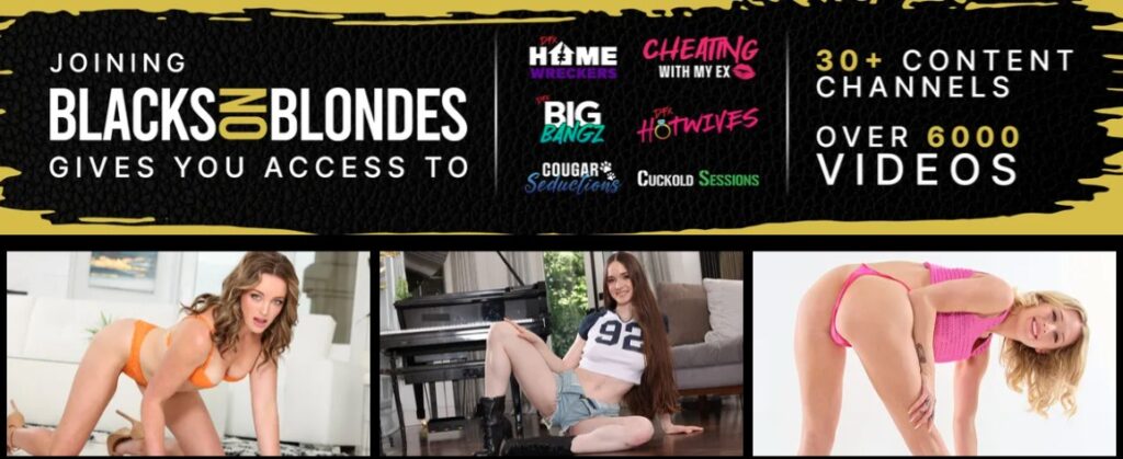 Blacks on Blondes 3 day trial promotion highlighting 30+ network channels and over 6,000 interracial porn videos.