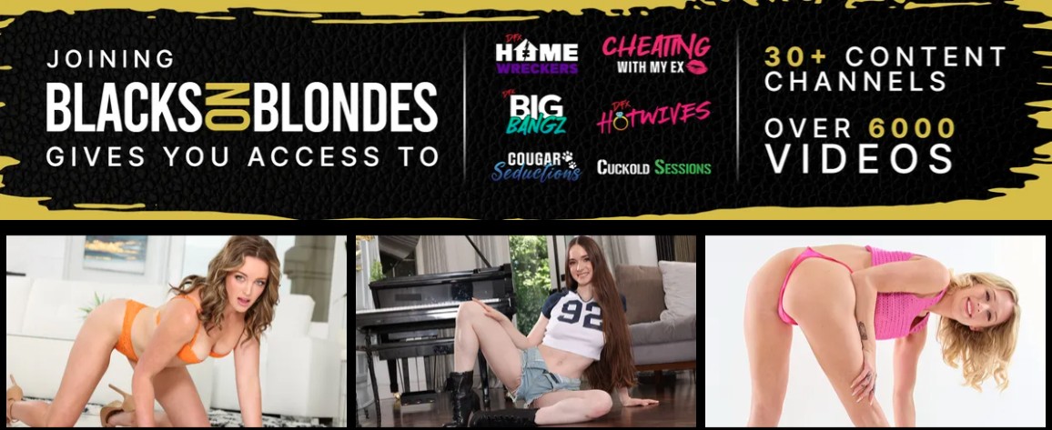 Blacks on Blondes trial promotion highlighting 30+ network channels and over 6,000 interracial porn videos.