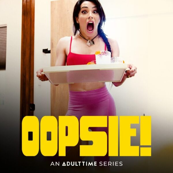 Oopsie logo with a surprised woman holding a tray, promoting the Adult Time comedy porn series included in the Oopsie $1 trial.