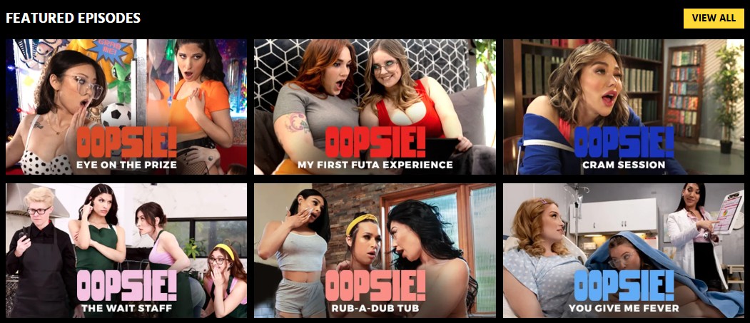 Grid of Oopsie featured porn episodes including Eye on the Prize, My First Futa Experience, and Cram Session, all included in the Oopsie $1 trial.