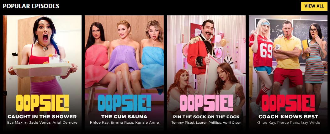 Oopsie popular porn episodes including The Cum Sauna, Caught in the Shower, Pin the Sock on the Cock, and Coach Knows Best.