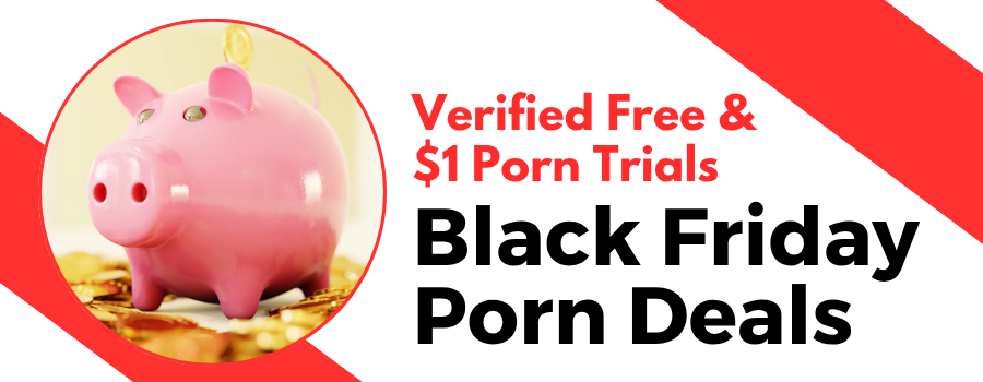 Pink piggy bank on gold coins beside headline text reading “Verified Free & $1 Porn Trials – Black Friday Porn Deals”; banner promoting verified adult site discounts and free porn trials for 2025.