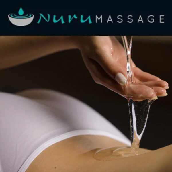 NuruMassage logo above a hand pouring clear nuru gel onto a client’s stomach—hero image used to promote the Nurumassge $2.95 trial.