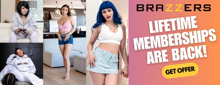 Banner with Brazzers logo and models reading “Lifetime memberships are back — Get offer,” promoting the Brazzers lifetime discount.