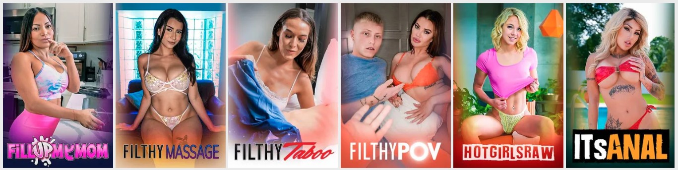 Montage of Filthy Kings network channels including Fill Up My Mom, Filthy Massage, Filthy Taboo, Filthy POV, Hot Girls Raw and Its Anal, showcasing what you get with the Filthy Kings trial.