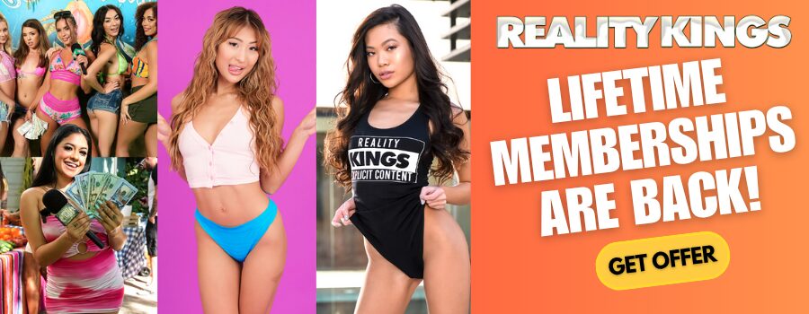Reality Kings lifetime discount banner with models and headline “Lifetime memberships are back — Get offer.”