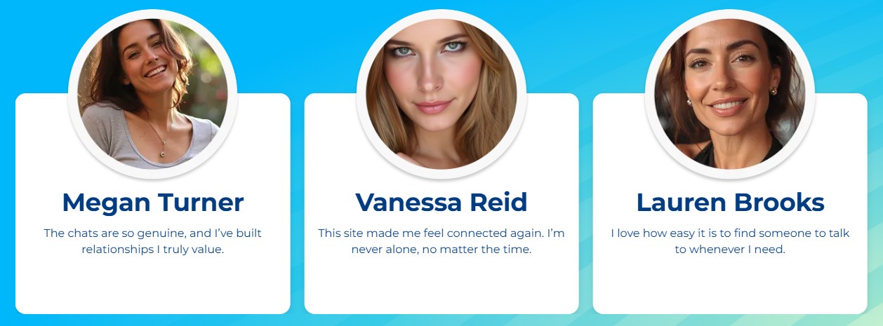 SexMessenger Review - Three testimonial cards from women describing their SexMessenger chat experience